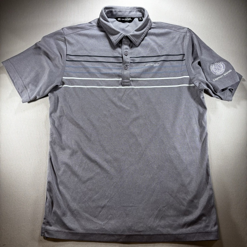 TravisMathew Polo Golf Shirt Gray Stripe Short Sleeve Men's  Med.‎ Cayman Island